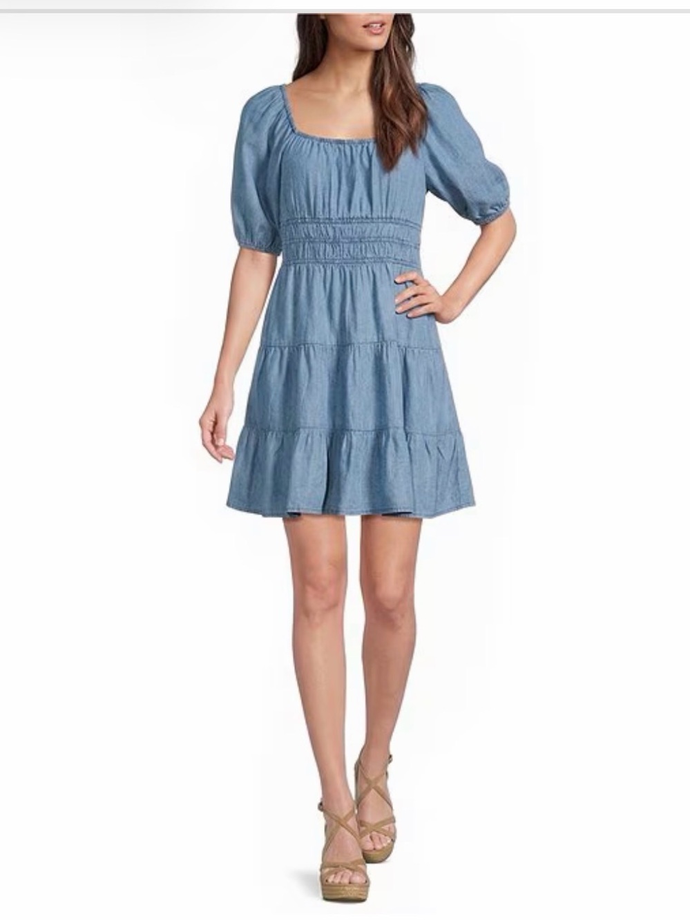 Altar’d State Smocked Tiered Puff Sleeve Mini Dress- Harbor Gray Blue